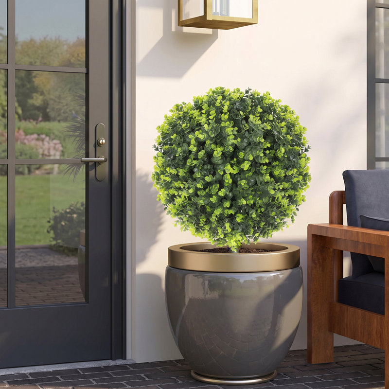 Ensemble de 2 buissons sphériques artificiels en forme de buis artificiel de 1,3 pi (15,8 po) avec piquet de sol intégré, verdure artificielle intérieure et extérieure résistante aux rayons UV, plantes artificielles pour le jardin, le porche et le b