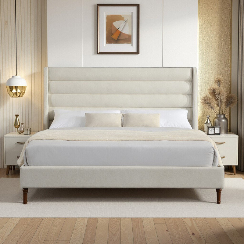 Lit plateforme grand / très grand avec design en vagues et revêtement en chenille d'une capacité de 1001 lb, Très grand lit