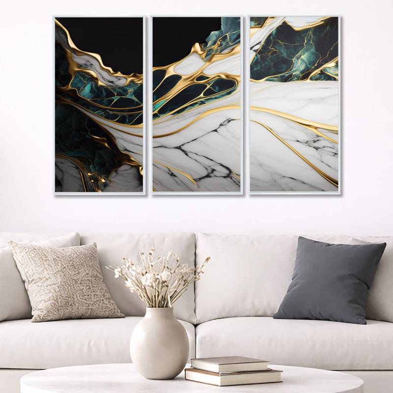 «Abstract Geode Gold and Green Marble III», reproduction sur toile 3 pièces, H 28 po x l 36 po, Blanc