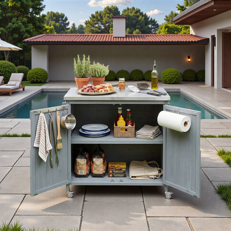 Îlot de cuisine extérieur avec tablette latérale, armoire de rangement, plateau en acier inoxydable, tablette réglable et 4 roulettes