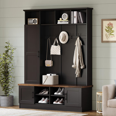 6-In-1 Hall Tree With Bench And Shoe Storage, Farmhouse Storage Bench With Adjustable Shelves, Modern Entryway Coat Rack With 6 Hooks Multiple Storage by Red Barrel Studio