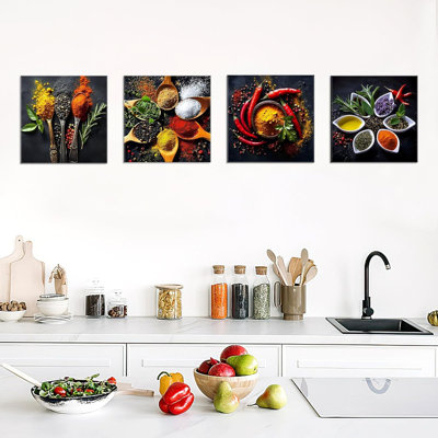  Kitchen Wall Art Decor - 4 Pieces Colorful Spices And Spoon Kitchen Artwork Frames Food Wall Art Pictures Canvas Dining Room Modern Decorations