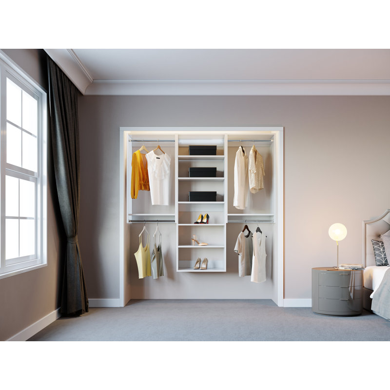 White Modular Closet System with Shelves and Hanging Rods