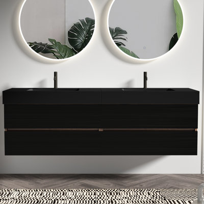Meuble-lavabo moderne de 183 cm avec lavabo noir mat, tiroirs à fermeture amortie, double vasque, quatre grilles et jointures en noyer, panneaux de qualité E1, finition à base d'eau E0, poignée centrale dissimulée, bonde en forme de U.