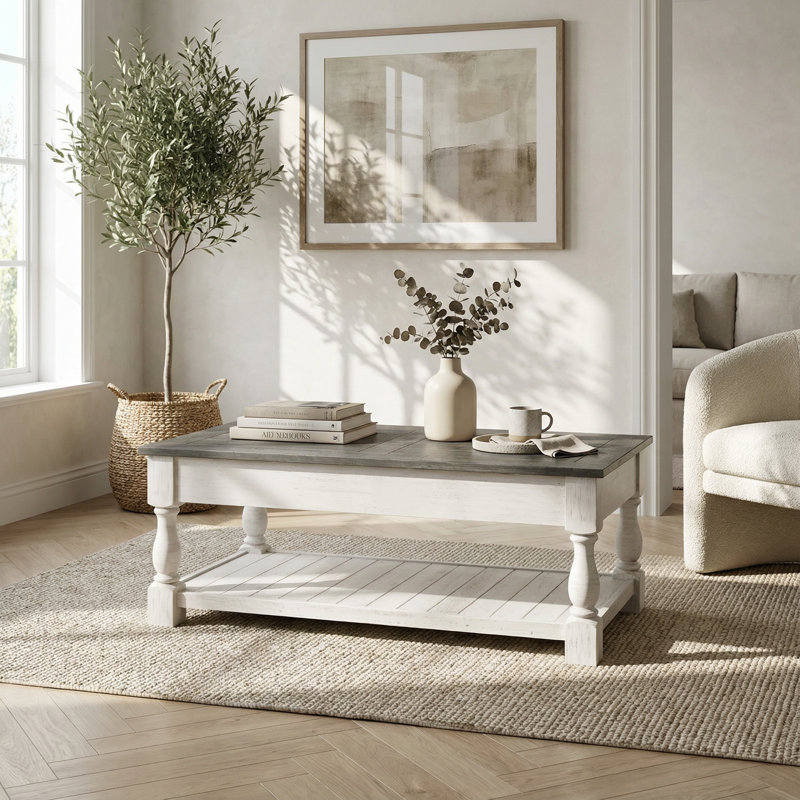 Table basse à plateau relevable Farmhouse avec tablette fixe et compartiments de rangement cachés, plateau de table en bois massif fabriqué à la main, centre de table de salon à deux niveaux avec finition rustique