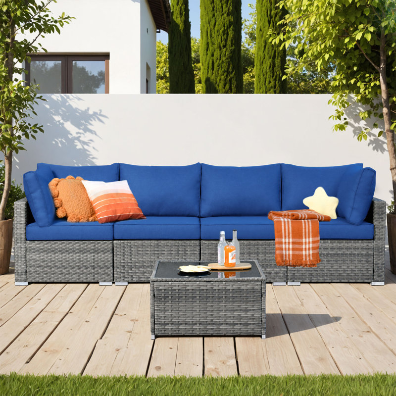 Canapé modulaire d'extérieur à coussins de 107,08 po de largeur avec coussins, Marine