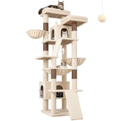 75" Cat Tower with Scratching Post, Multi-Level Cat Tree with Hammock for 2-3 Medium Large Cats, 2 Condos, 5 Sisal Posts, 3 Hammocks, 2 Perches, Scratching Board, Beige