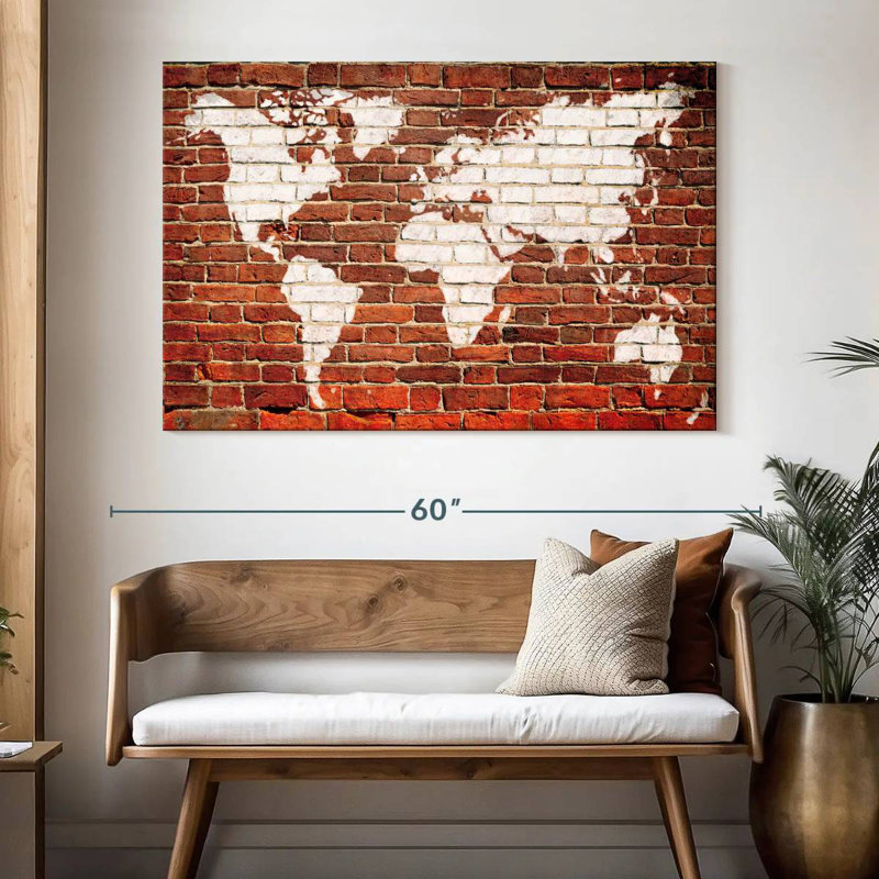 Carte du monde sur la brique Aliaz, H 34 po x l 51 po