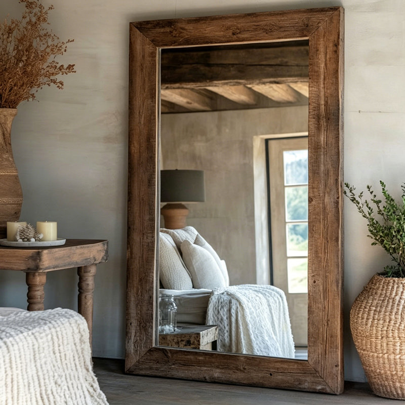 74.8"Rectangular glass mirror with brown pearwood frame, a dressing mirror, 74.8" H x 35.43" W x 1.97" D