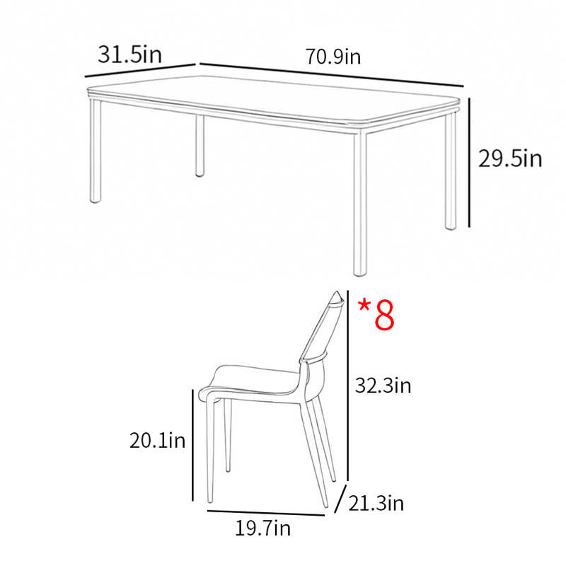 Ensembles de table à manger en falshion de style italien, H 29,5 po x L 70,9 po x l 31,5 po