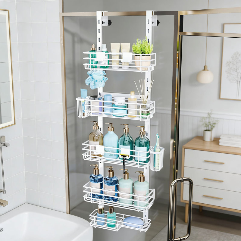 Serviteur de douche au-dessus de la porte - Organisateur de douche réglable à 5 niveaux avec porte-brosses à dents et crochets, étagère de rangement antirouille pour salle de bain, support de rangement peu encombrant