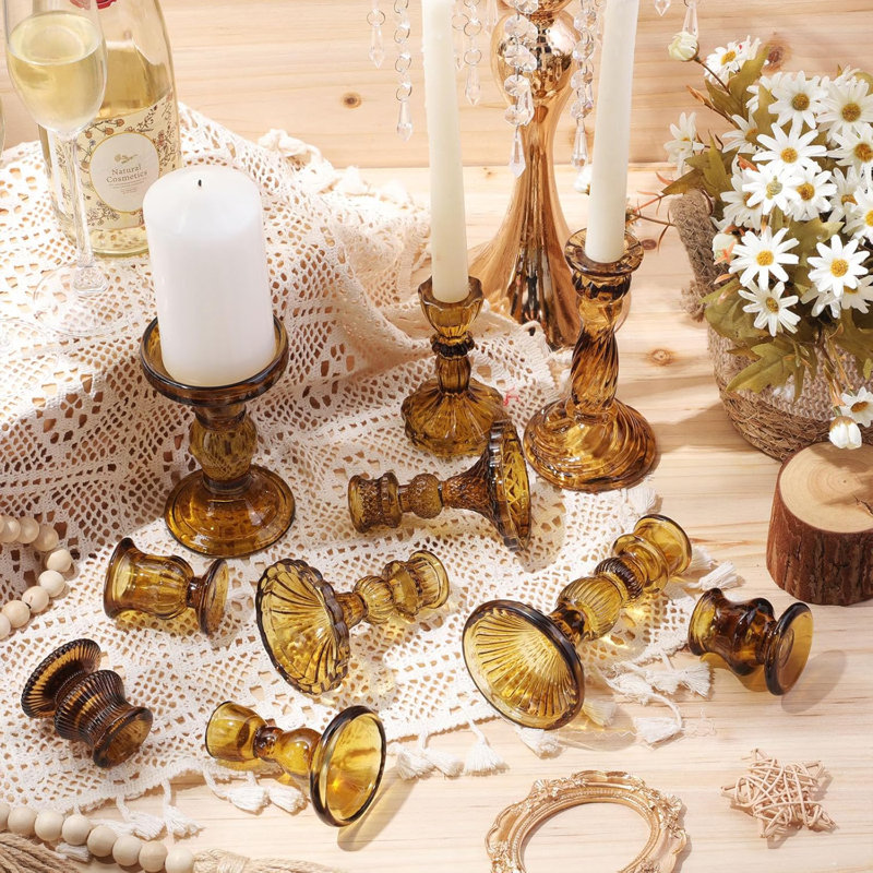 10 porte-bougies coniques en cristal de verre brun