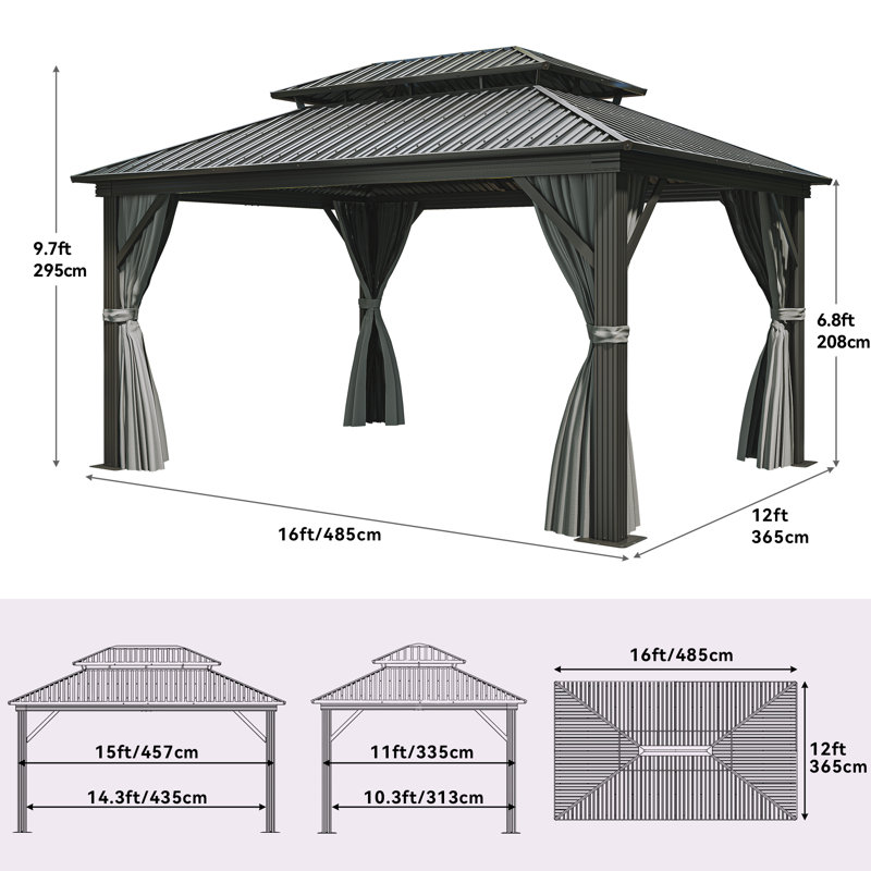 Outdoor Aluminum Hardtop Patio Gazebo with Curtain and Netting, 16 ft x 12 ft