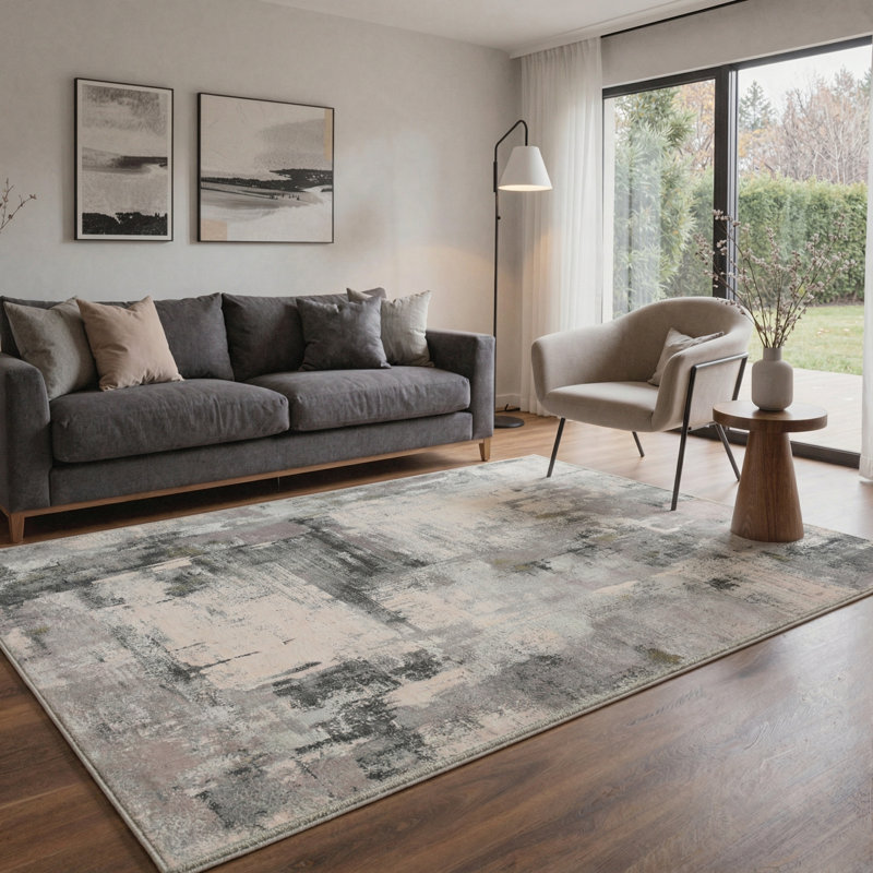 Ethereal Abstract Machine Washable Grey / Black / Beige Indoor Area Rug with Non-Slip Backing, Rectangle 9' x 12'