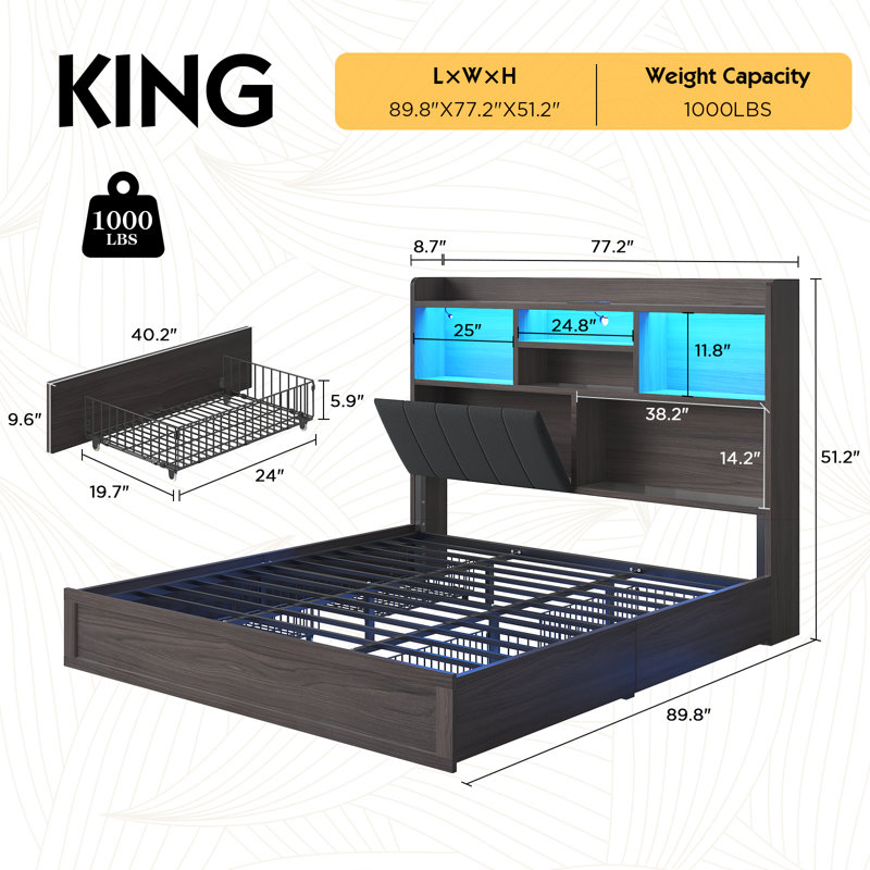  Farmhouse King Bed Frame With LED Storage Bookcase Headboard & Charging Station, Black, Black, King