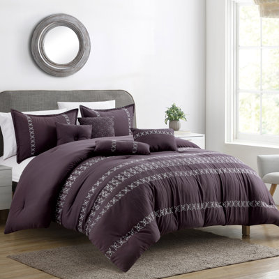  Ensemble d'édredon pour très grand lit 7 pièces en luxueux ensemble de literie brodée en microfibre mauve mauve mauve et blanche avec coussins décoratifs - Maria
