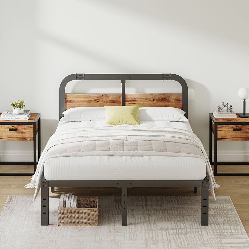 Lit plateforme en métal noir Amylia avec tête de lit en bois massif de 40 po, rangement sous le lit, support silencieux, aucun sommier requis
