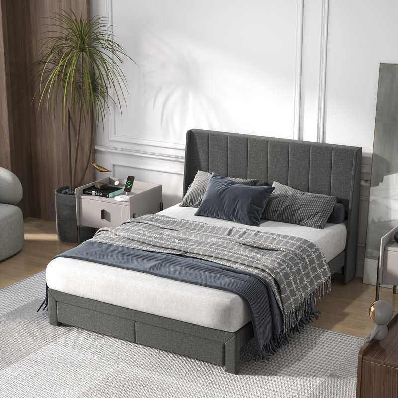 Lit de jour rembourré avec 2 tiroirs de rangement et chargement USB, Beige, Grand lit