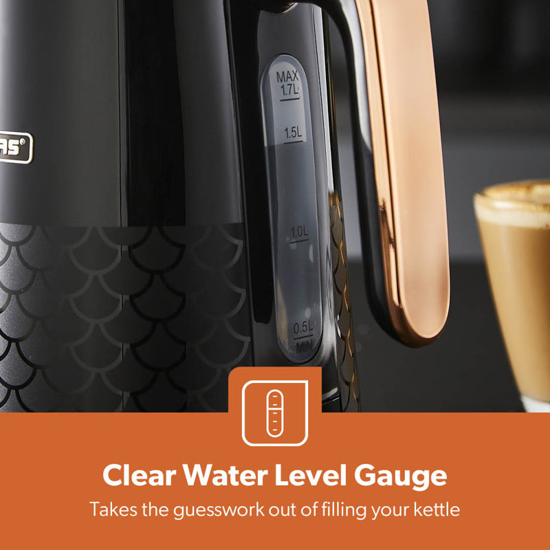 GEEPAS Aurora 1.7L Cordless Electric Kettle | Textured Kettle with 360° Rotational Base & Otter Control | Auto Shut Off LED Lighting | Space Saving Cord Storage Golden Rose Chrome Handle | 3000W