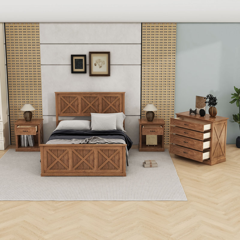 Ensemble de chambre à coucher 4 pièces avec cadre de lit plateforme, tables de chevet et commode spacieuse à 4 tiroirs, Noyer