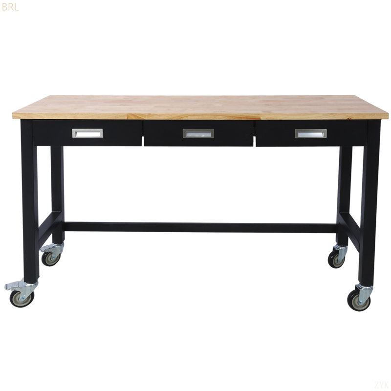 Banc de travail 60 po, banc de travail avec rangement de tiroir, table de travail en bois de bambou robuste avec roulettes pour le bureau à domicile