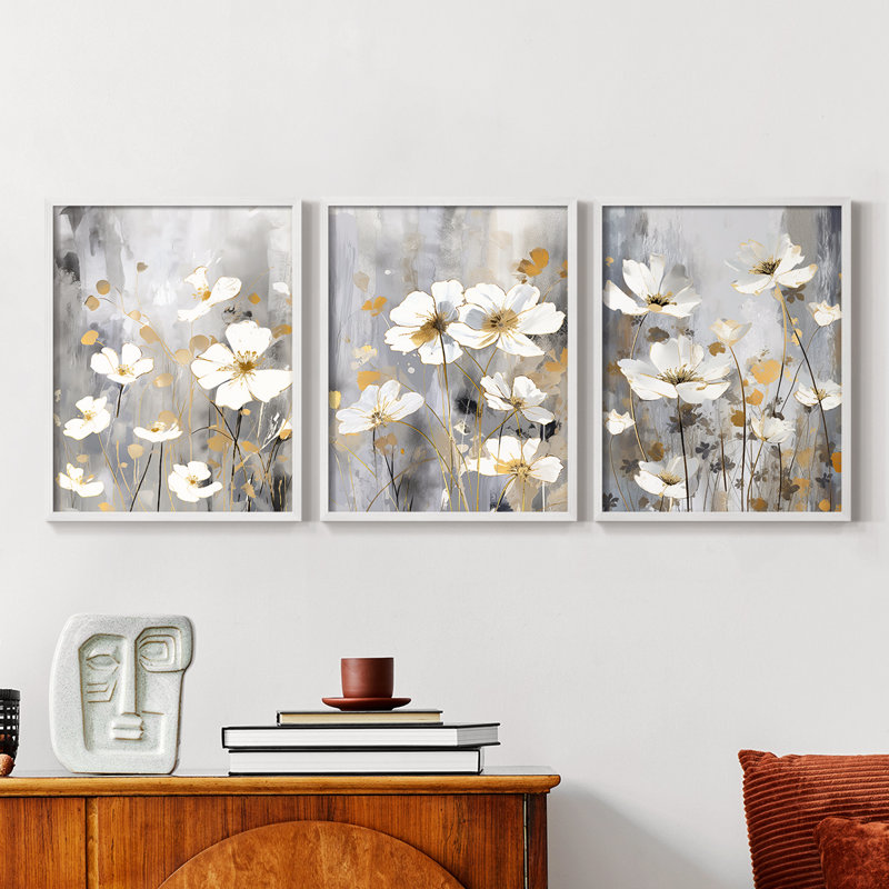 Étude florale Cxxxvi -Set de 3 estampes giclées encadrées -Prêt à, Blanc, H 10 po x l 8 po