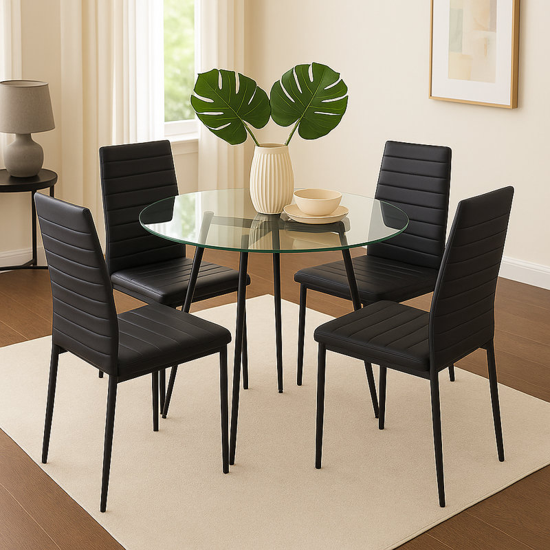 Round Glass Dining Table Set For 4, Modern 5-Piece Kitchen & Dining Room Set With Tempered Glass Top And Black Faux Leather Chairs, Small Space Dining Furniture