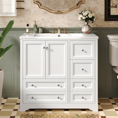 Meuble-lavabo de 36 po avec lavabo, meuble-lavabo autoportant en bois massif avec 4 tiroirs de rangement et tablette, portes à fermeture douce