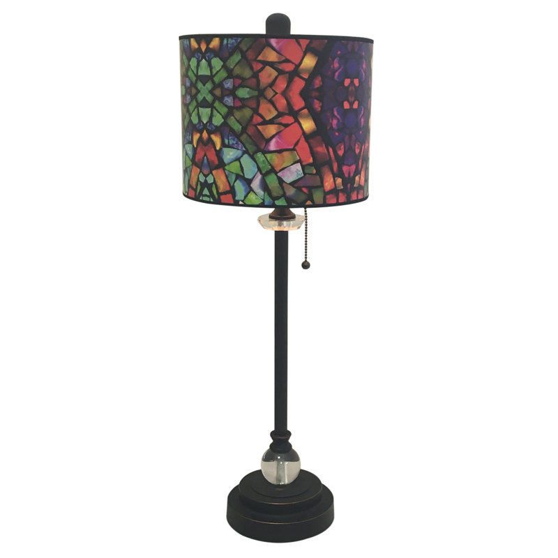 Ensemble de lampe de table 28" en verre coloré mosaïque Norie, Bronze / nickel / brun crème