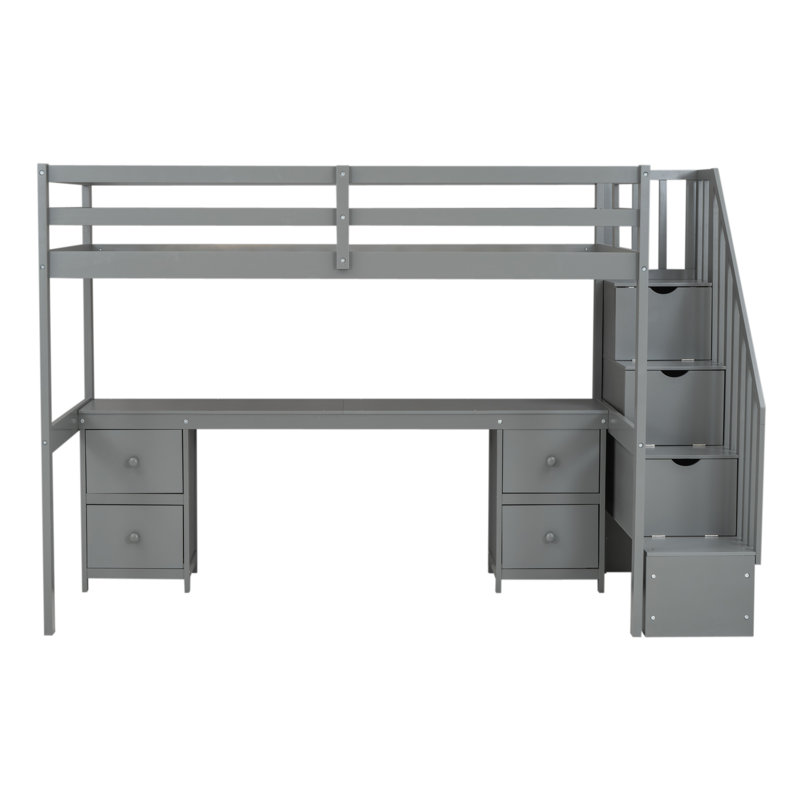 Lit mezzanine gris élégant avec espace de travail et de jeu
