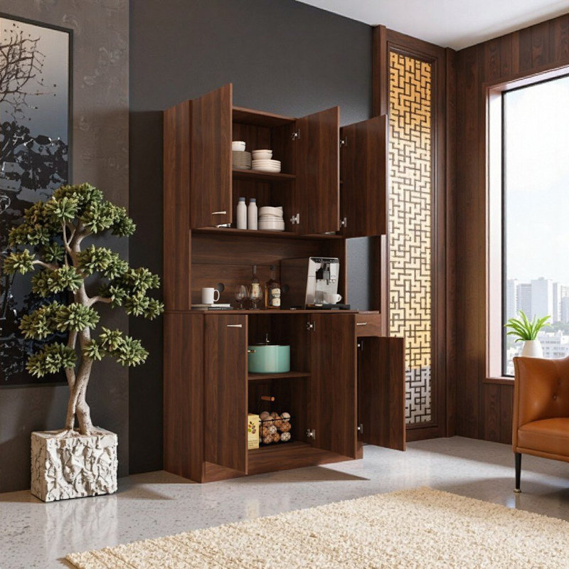 70.87" Tall Walnut Finish Wardrobe & Storage Cabinet - 6 Doors, Drawer & Open Shelf for Bedroom or Kitchen