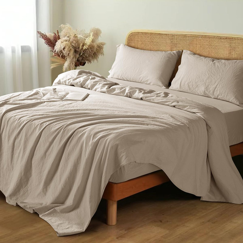 Queen Size Linen Cotton Blend Percale Sheet Set in Light Beige