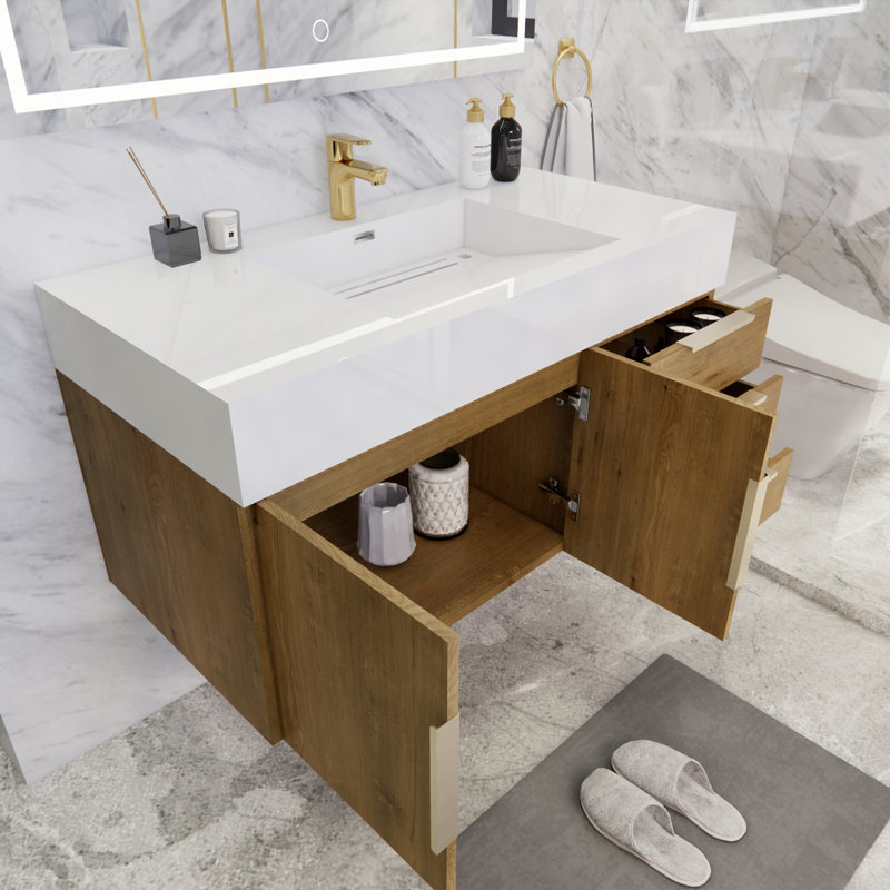 Glasgow 42'' Single Bathroom Vanity with Acrylic Top, Glossy White, Oak