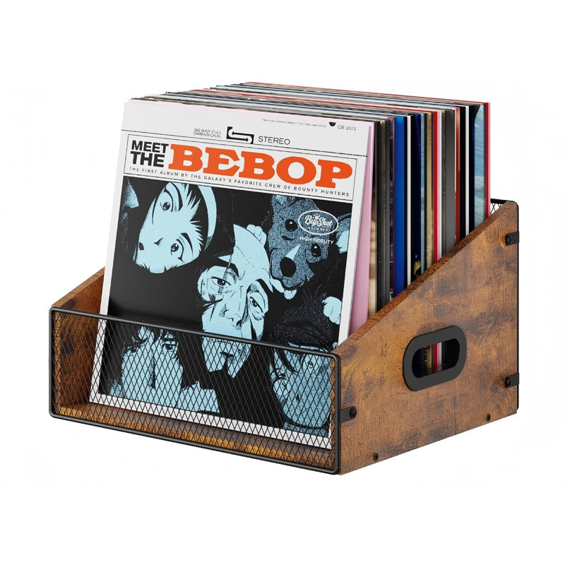 Vinyl Record Storage Holder, Trapezoidal LP Vinyl Record Crate With Handle, Wood , Metal Album Storage Desktop Organizer Box For Books Files