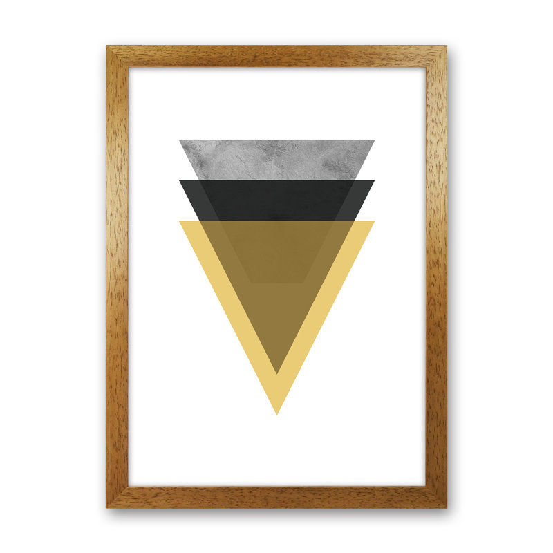 Geometric Mustard And Black Triangles by Pixy Paper - Print, 84cm H x 59.4cm W x 3cm D, Oak Framed