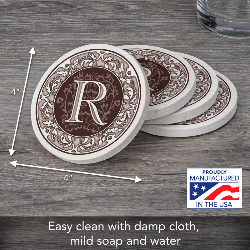 Ophelia & Co. 4 Pack Monogram Sandstone Coasters in Bronze Iron Ram Coaster Holder, R