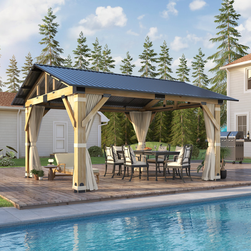 11ft×13ft GARTOO Outdoor Wood Gazebo, Hardtop Patio Gazebos with Galvanized Steel Roof, 11ft×13ft