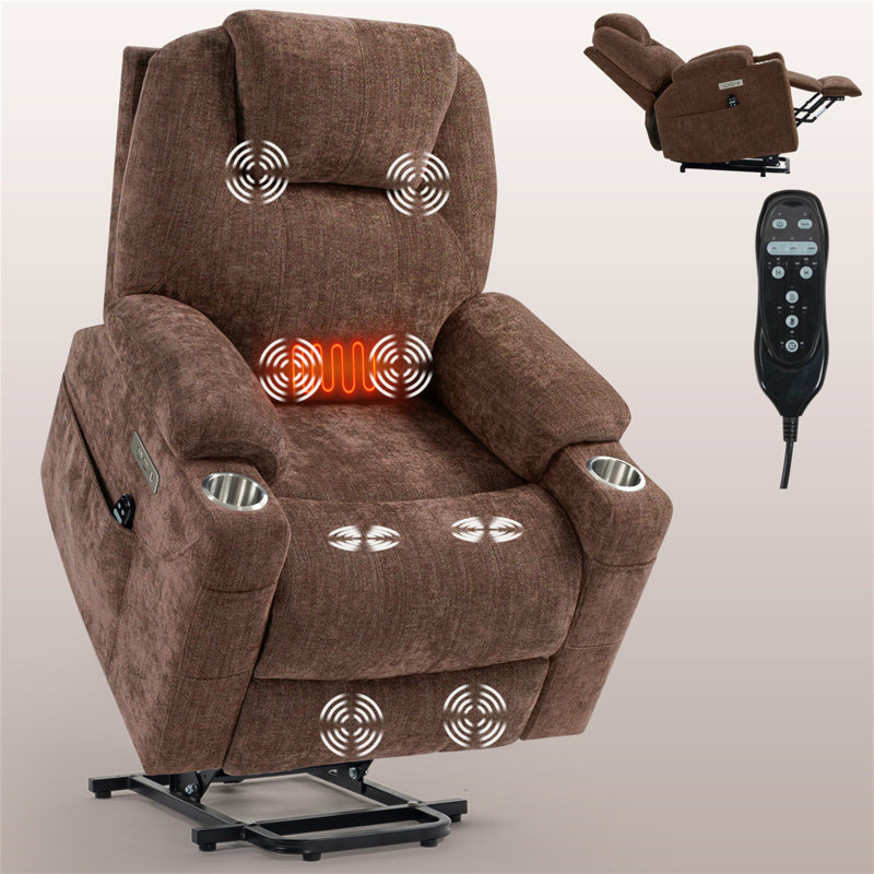 Up To 350 LBS Chenille Power Lift Recliner Chair, Heavy Duty Motion Mechanism With 8-Point Vibration Massage And Lumbar Heating, USB And Type-C Ports, Stainless Steel Cup Holders