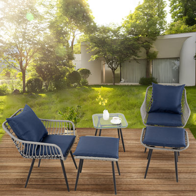 2 - Person Patio Conversation Sets with Cushions 5 Pieces Wicker Patio Bistro Outdoor Furniture Set with Cushions & Ottoman