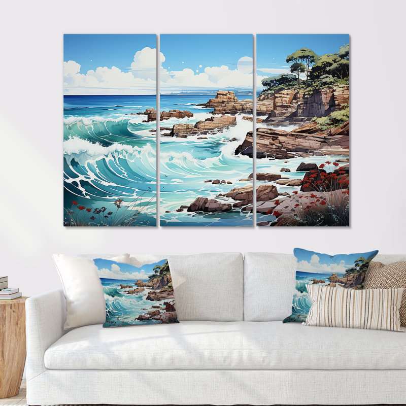 Ensemble de salon Blue Beach Waves Fusion II - Beach Wall Art, Toile tendue, H 32 po x l 48 po x P 1 po
