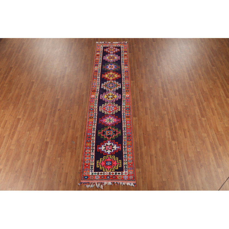 Navy Blue Geometric Anatolian Oriental Runner Rug 3x12