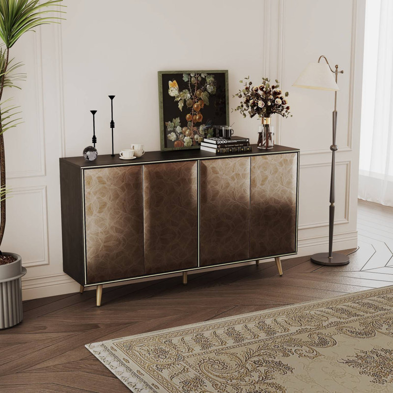 4 Door Sideboard Buffet Cabinet with Raised Shaped and Geometric Line Texture Door Panel, Black Oak