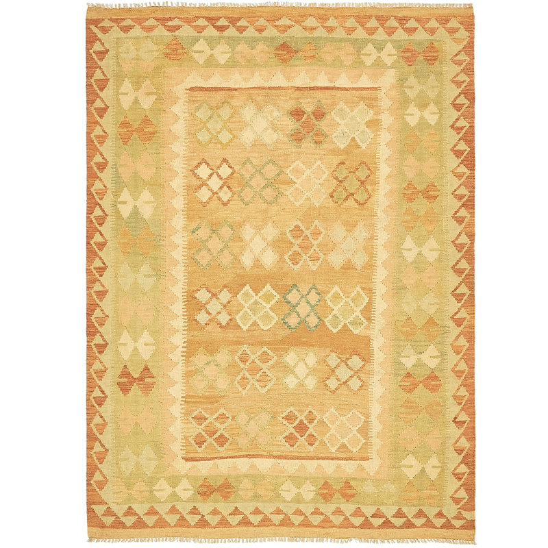 Tapis de zone en laine beige/vert 4 pi 10 po x 6 pi 9 po one-of-kind à la main noué la Elland
