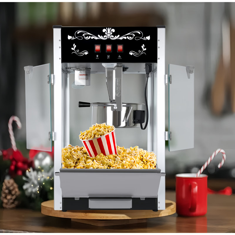 Machine à maïs soufflé 16 oz pour comptoir 16 oz pour 80 tasses par lot, avec 3 portes en verre trempé à cadre de contrôle en acier 1 cuillère et 2 cuillères