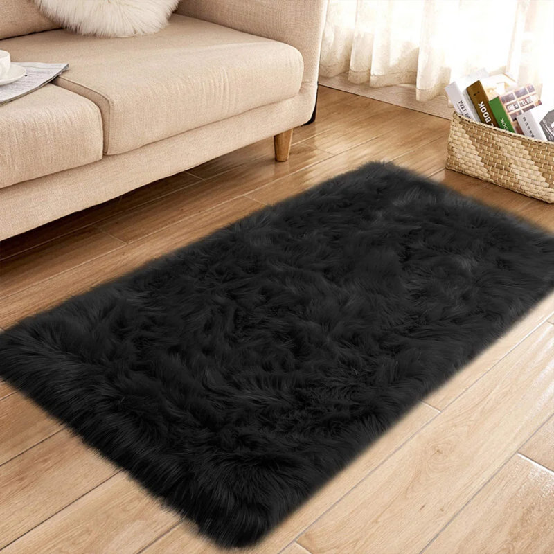Ismene Solid Colour Shag Area Rug, Rectangle 60 x 120 cm, Black