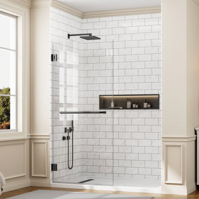 Porte de douche pivotante sans cadre 30 po x 74 po à fermeture en douceur, verre trempé transparent de 3/8 po (10 mm), porte de douche battante à charnière avec porte-serviettes, panneau de verre simple avec revêtement double face, noir