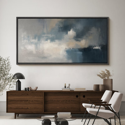 Blue and Grey Abstract Landscape Large Framed Canvas Print Wall Art for Modern Decor