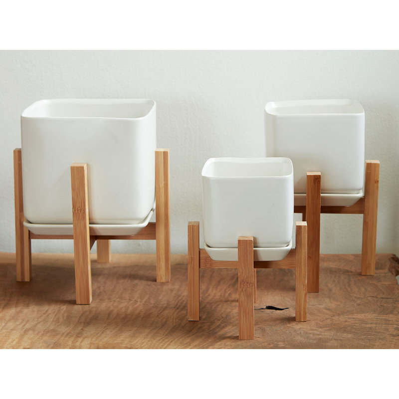 Pot de fleurs miniature en céramique émaillée, en forme de cube avec soucoupe intégrée (lot de 6) - Jarin extérieur