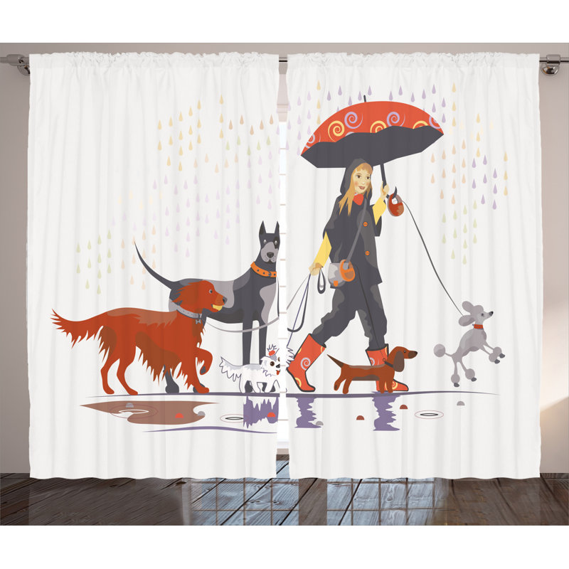 Young Modern Girl Taking Pack Dog for a Walk in the Rain 2 Piece Semi-Sheer Curtain Panel Set, 54" W x 63" L