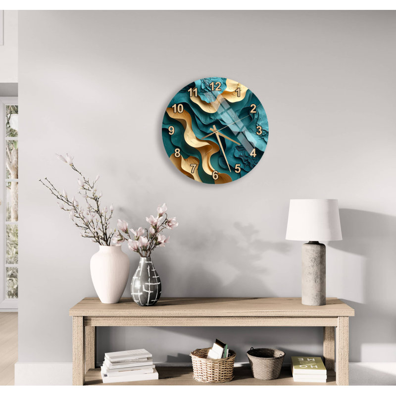 Horloge murale luxueuse en or bleu sarcelle - art en verre trempé abstrait 3D, grande montre circulaire moderne, cadeau de bureau élégant pour la décoration intérieure